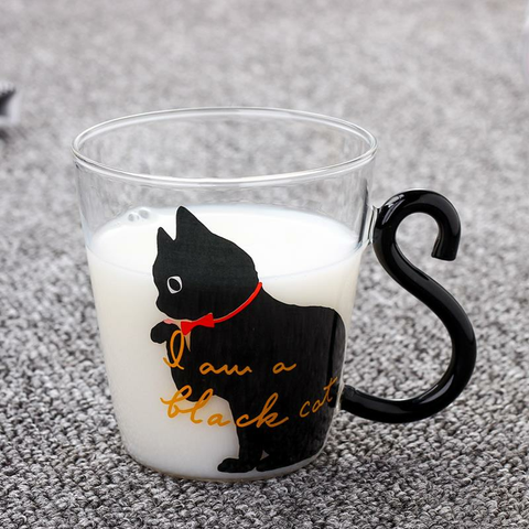 Kitchen Home Cute Cat Glass Juice Coffee Cup Milk Tea Coffee Glass Mug Cat Tail Handle Cat Valentine's Day Lover Gifts Stainless Spoon