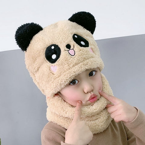 Autumn And Winter Cute Panda Head Hat Children Cartoon Scarf Hat Two-piece Double Fleece Warmth Boy Girl Child Parent-child Baby Hat