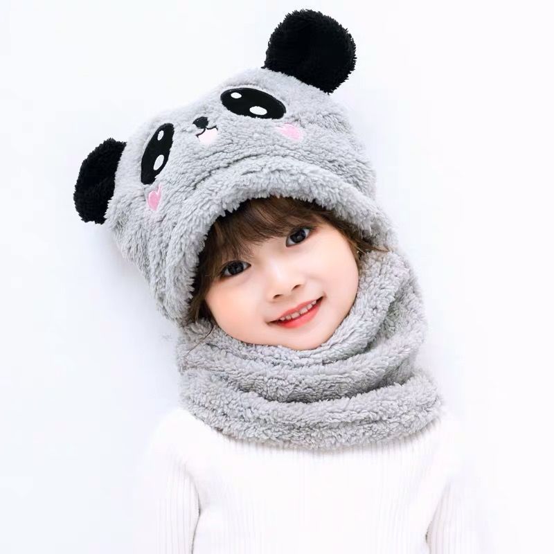 Autumn And Winter Cute Panda Head Hat Children Cartoon Scarf Hat Two-piece Double Fleece Warmth Boy Girl Child Parent-child Baby Hat