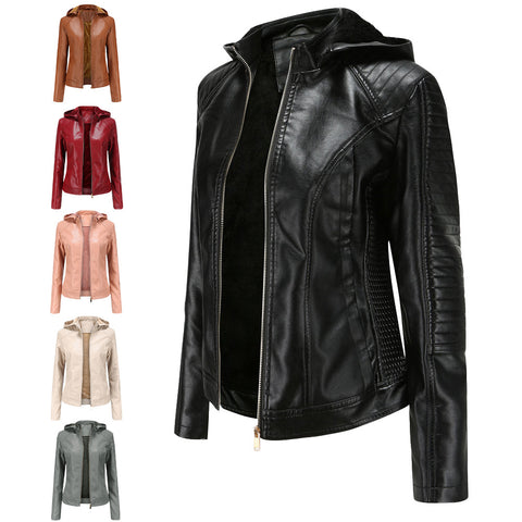 Winter PU Leather Jacket Women 2022 Hooded Fur Lining Coat Female Slim Women's Leather Jacket Motorcycle Hoodies Jacket