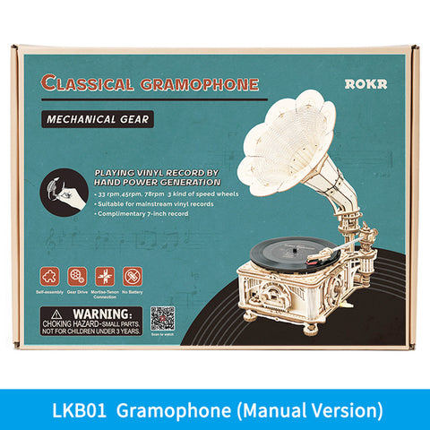 Robotime ROKR Hand Crank Classic Gramophone DIY Wooden Puzzle Model Building Kits Assembly Toy Gift for Children LKB01 Dropship