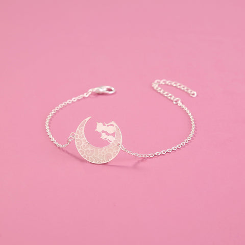 Luminous Copper Cat and Moon Silver Drip Bracelet
