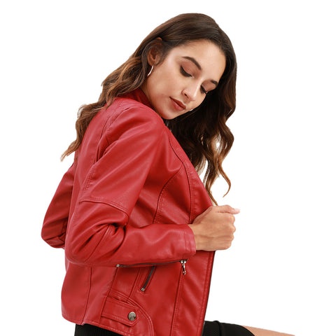 Faux Pu Leather Jackets Women Spring Autumn Outerwear Pocket Zipper Coat Slim Fitted Jacket Red Black Femme Clothing