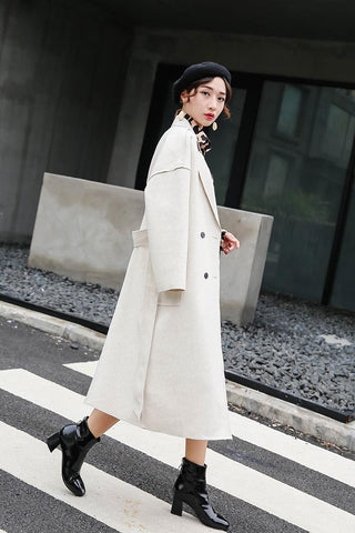 Double-breasted simple temperament solid color wild long woolen coat