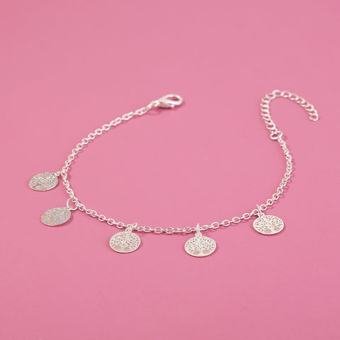 Round, multiple glow-in-the-dark tree of life, copper, silver bracelet