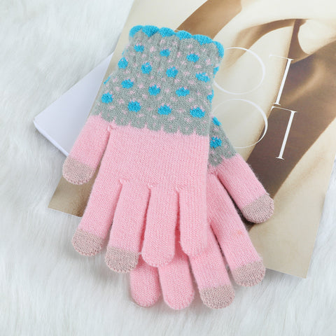 Autumn And Winter Contrast Color Cute Plus Velvet Knitted Gloves Women