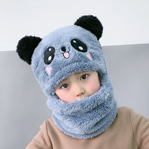 Autumn And Winter Cute Panda Head Hat Children Cartoon Scarf Hat Two-piece Double Fleece Warmth Boy Girl Child Parent-child Baby Hat