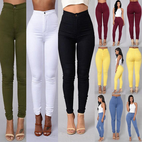Casual Denim Pants For Women High Waist Stretch Slim Trouser Skinny Candy Color Jeans