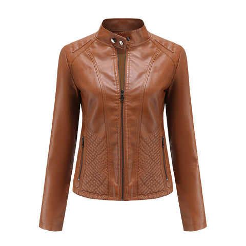 2022 Leather Jacket Women Zippers Spring Autumn Women's PU Leather Jacket Mandarin Collar Red Motor Biker Coat Female Oversized