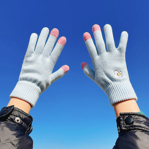 Autumn And Winter Contrast Color Cute Plus Velvet Knitted Gloves Women