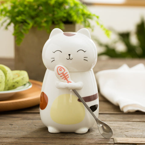Cute Cat Coffee Mug Cup With Spoon Creative Hand Painted Drinkware Milk Tea Ceramics Cups Novelty Gifts
