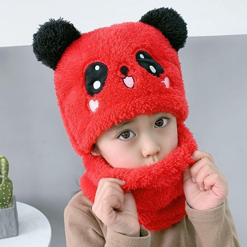 Autumn And Winter Cute Panda Head Hat Children Cartoon Scarf Hat Two-piece Double Fleece Warmth Boy Girl Child Parent-child Baby Hat