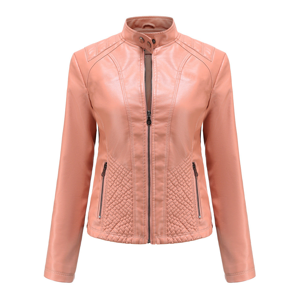 2022 Leather Jacket Women Zippers Spring Autumn Women's PU Leather Jacket Mandarin Collar Red Motor Biker Coat Female Oversized